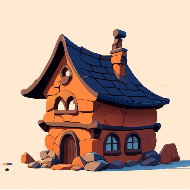 Гном деревянный деревенский дом фантазийный мир пейзаж вручную нарисованный плоский стильный значок наклейки мультфильма