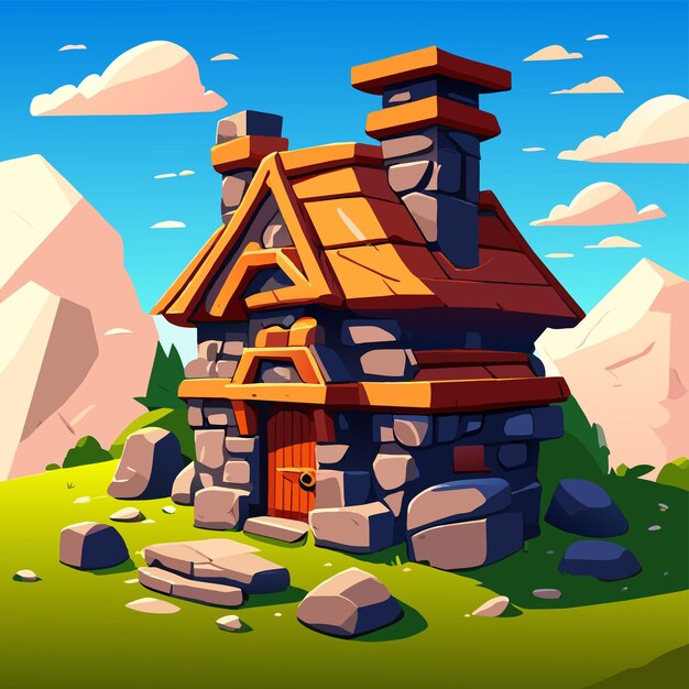 Вектор Гном деревянный деревенский дом фантастический мир пейзаж вручную нарисованный плоский стильный иконка наклейки мультфильма