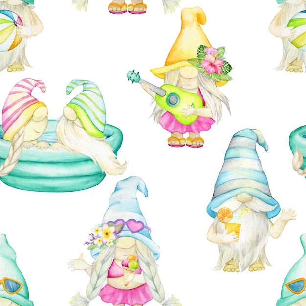 Gnomes on the beach watercolor seamless pattern on an isolated background Summer pattern cartoon style