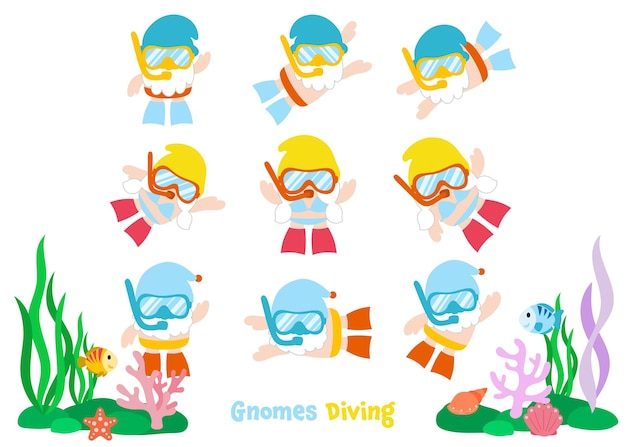 Clipart piatto estivo di immersioni di gnomi