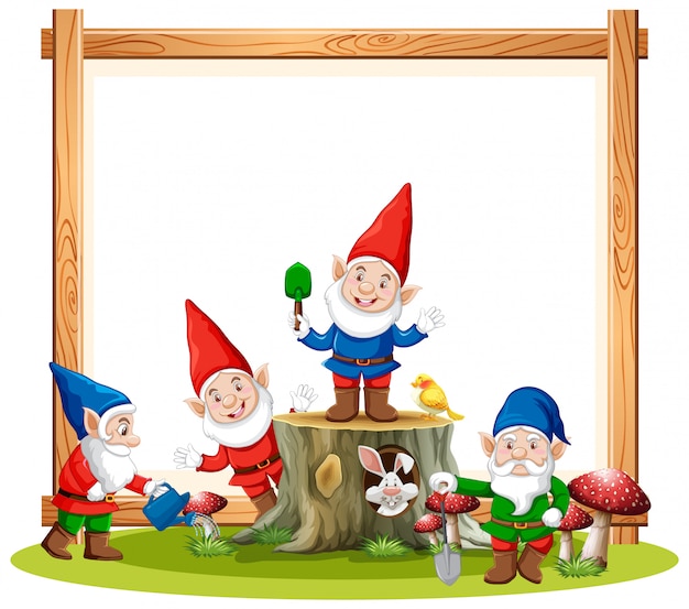 Vector gnomes group with blank banner on white background