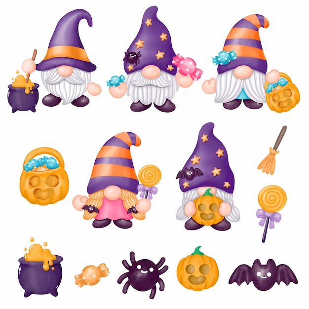 Gnomi halloween clipart, evento di halloween strega mago, pittura digitale ad acquerello