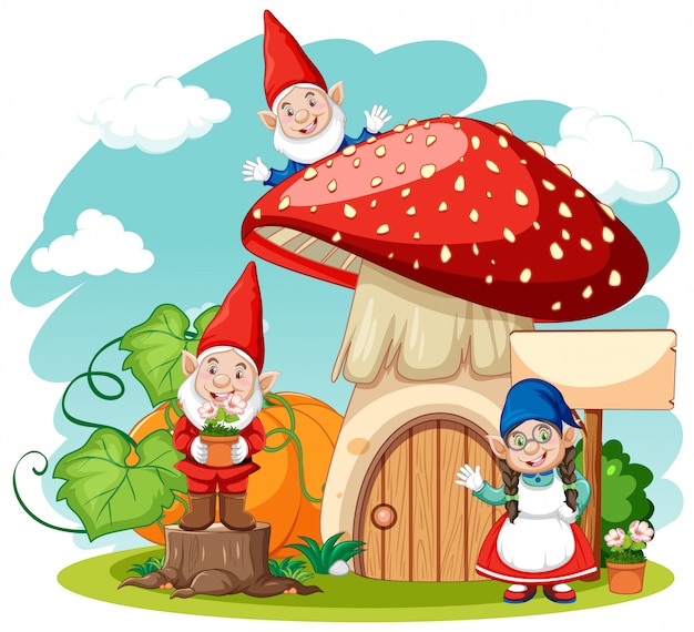 Vector gnomes and mushroom house cartoon style on white background