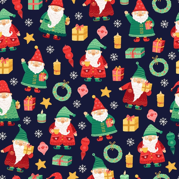 Gnomes pattern. christmas holiday, cute xmas elf seamless texture. cartoon funny dwarf, children season fairytale vector background. seamless background pattern, character christmas illustration