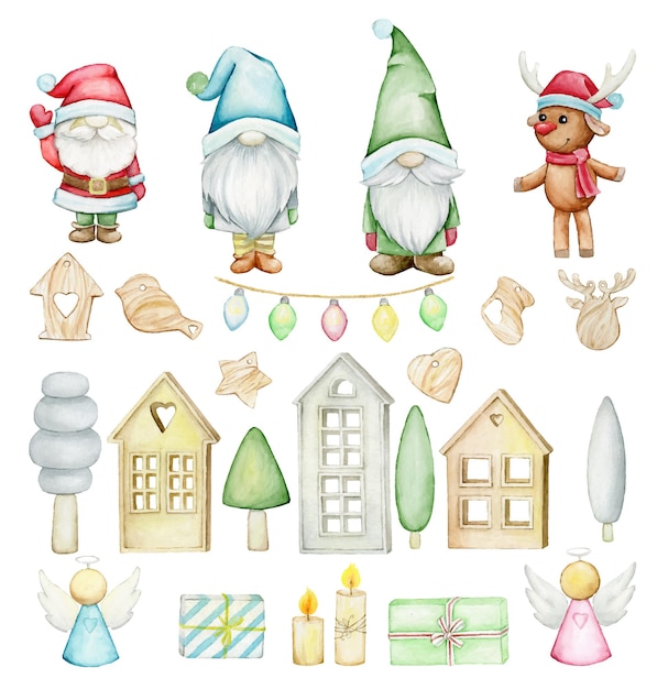 Gnomes, santa claus, deer. watercolor christmas characters, cartoon style.