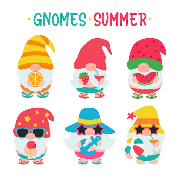 Vector gnomes summer. gnomes wear hats and sunglasses for summer trips to the beach.