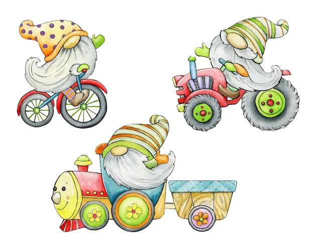 Gnomes train tractor bicycle Watercolor set cliparts in cartoon style on an isolated background