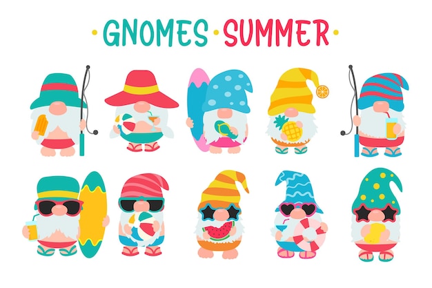 Vector gnomes wear hats and sunglasses for summer