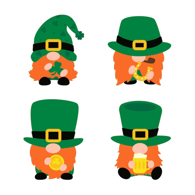 Gli gnomi indossano un cappello verde a cilindro che regge un trifoglio. un simbolo di buona fortuna ai tempi di san patrizio