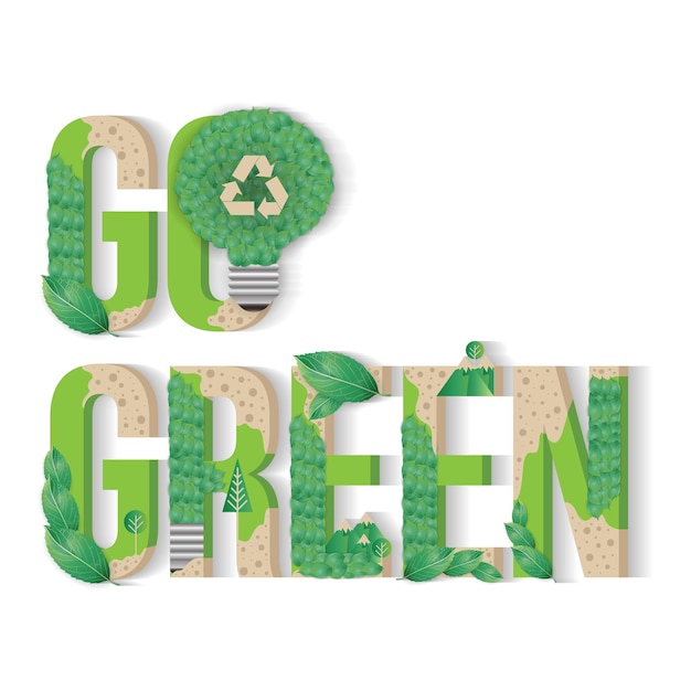 Go green цитата экологически чистый лозунг мотивации в творческом цветочном оформлении изолированный вектор