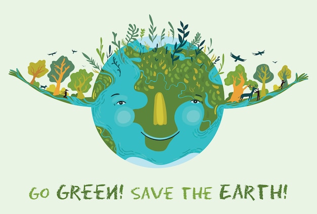 녹색으로 가서 지구를 구하십시오. 벡터 귀여운 생태 그림입니다.