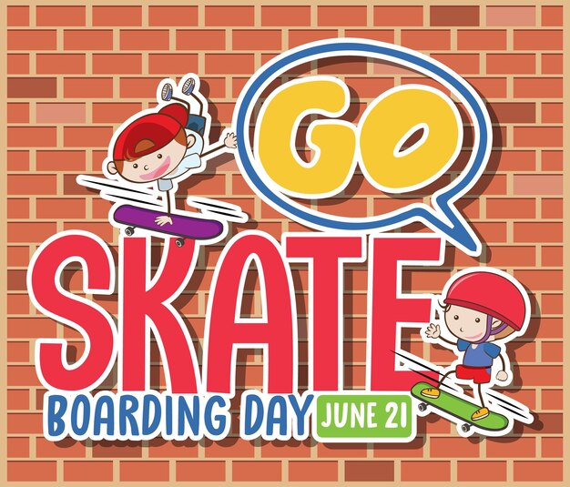 ベクトル レンガの壁の背景に子供スケーター漫画のキャラクターとスケートボードの日のバナーに行く