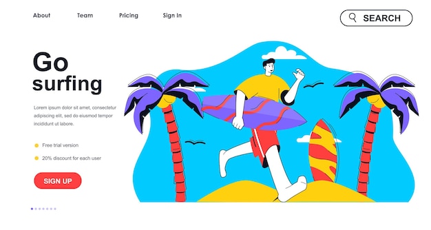 Go surfing concept for landing page template man with surfboard running into ocean active water sports extreme hobby people scene vector illustration with flat character design for web banner