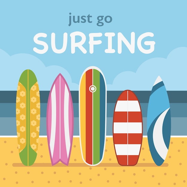 Go surfing concept vector illustration. different surf boards standing on tropical beaches sand. various surfboards on seashore side. summer beach landscape with colorful surfboard set.