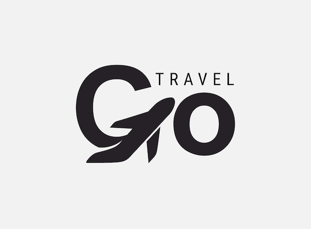 Vai logo di viaggio. design lettering g viaggio aereo. concetto di vettore semplice bianco e nero. logo alla moda per branding, calendario, carta, banner, copertina. isolato su sfondo bianco.