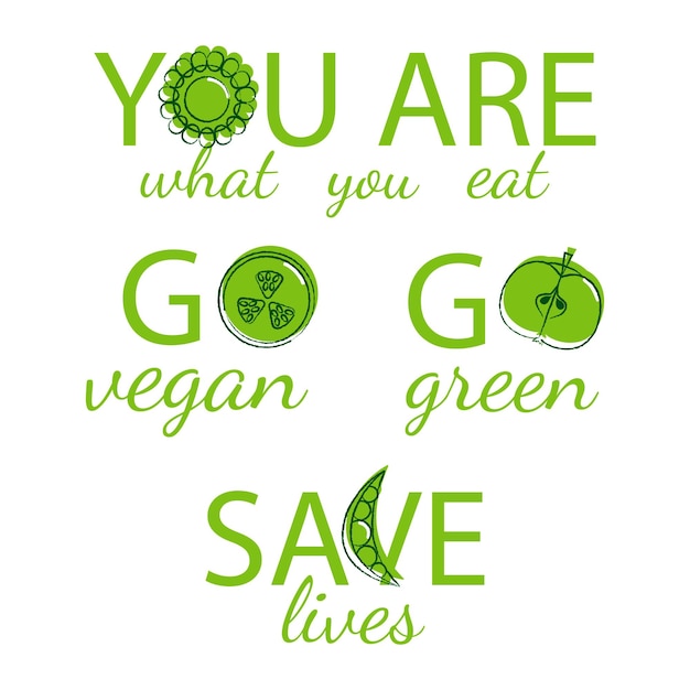 Vector go vegan motivational phrases vector illustration isolated on white