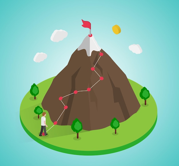 Goal achievement concept 3d isometric road to target on the mountain top vector illustration