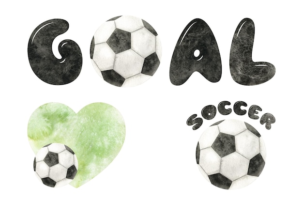 Goal Lettering with Soccer ball Football ball Watercolor Set of Sports football emblems