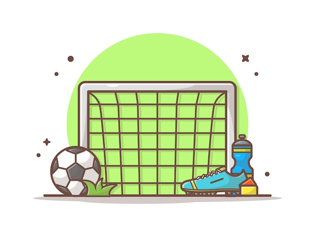 Rete da calcio e pallone da calcio, scarpa, illustrazione dell'icona dell'acqua minerale