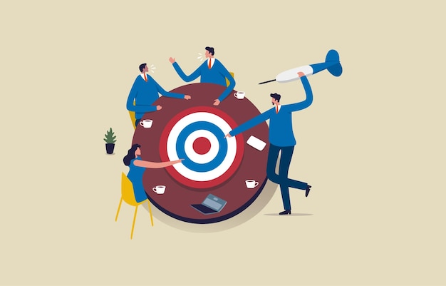 Vector goal setting achievable target business team in a meeting around a large target illustration