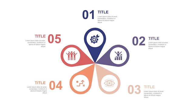 Постановка целей, мотивация, видение, стратегия, значки успеха, шаблон макета инфографического дизайна, креативная концепция презентации с 5 шагами