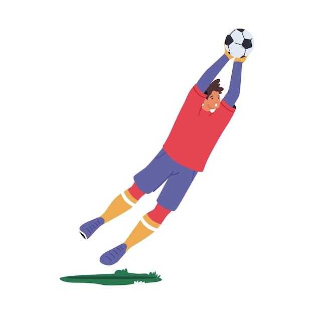 Вектор Вратарь прыгает, ловя мяч, защищает ворота в футбольном турнире, изолированном на белом фоне.