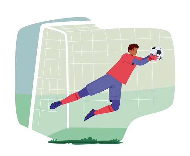 Vector goalkeeper wear football team uniform jump and catch ball in air goalie defend gates in soccer tournament illustration