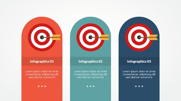 Obiettivi o concetto di infografica target aziendale per la presentazione di diapositive con elenco a 3 punti verticale rettangolo scatola rotonda con illustrazione vettoriale in stile piatto