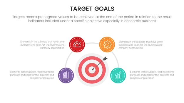 スライド プレゼンテーション テンプレートの円と円形の概念を使用した目標またはターゲットのインフォグラフィック