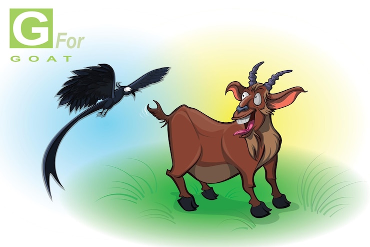 वेक्टर goat cartoon illustration a goat playing with a black finch bird in the field