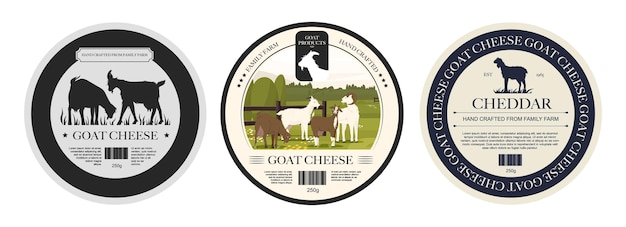 Vector goat cheese labels organic cheddar cheese slices cartoon goat mozzarella products with labels