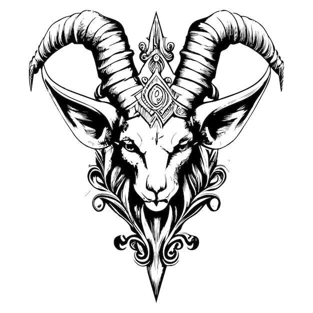 goat head illustration striking horns and expressive eyes