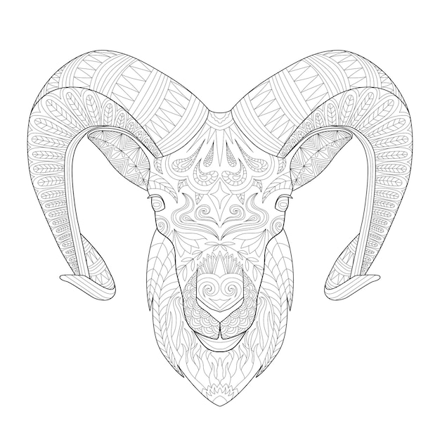 Goat head with horns line art for children or adult coloring book Vector graphic
