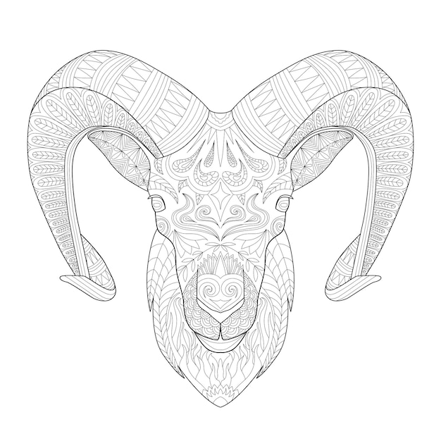 어린이나 성인 색칠책 벡터 그래픽을 위한 뿔 라인 아트가 있는 염소 머리
