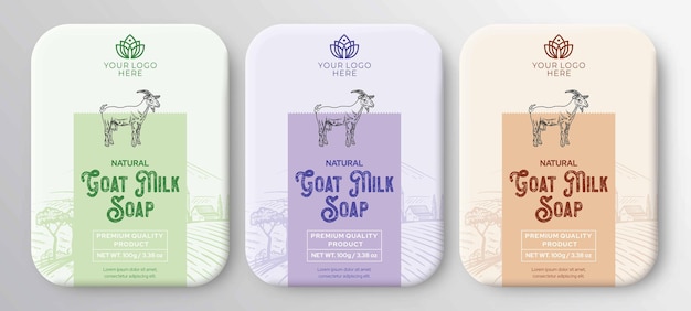 Дизайн этикетки с мылом из козьего молока, нарисованные вручную этикетки из козьего молока и узоры для мыла ручной работы.