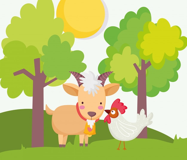 Goat and rooster trees sun grass farm animal cartoon illustration