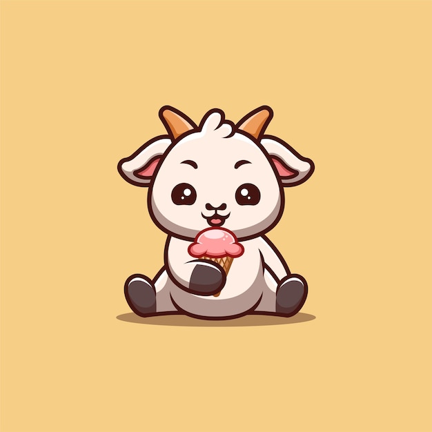 Goat Sitting Eating Ice Cream Cute Creative Kawaii Cartoon Mascot Logo