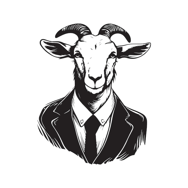 Goat wearing suit vintage logo line art concept black and white color hand drawn illustration