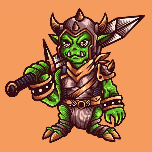 Goblin Knight with Sword and Armor. Hand-drawn illustration.