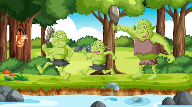 Goblin or troll cartoon character in the forest scene