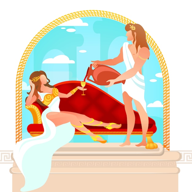 Vector god dionysus pouring wine to aphrodite goddess