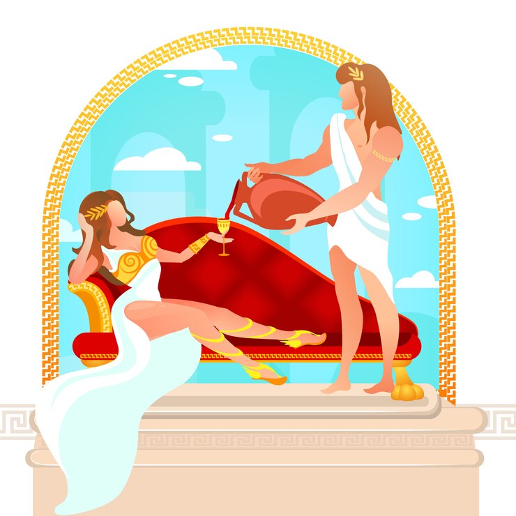 Vector god dionysus pouring wine to aphrodite goddess