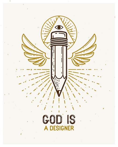 神はデザイナーのコンセプトであり、翼のある鉛筆であり、神聖な幾何学の三角形で神のすべての目を見る、神は芸術家、ベクトルのロゴまたはトレンディな線形スタイルのアイコンです。