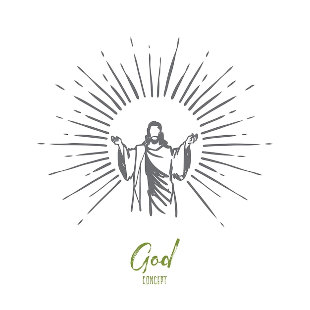 God, jezus christus, genade, goed, hemelvaartsconcept. hand getekend silhouet van jezus christus, de zoon van god concept schets.