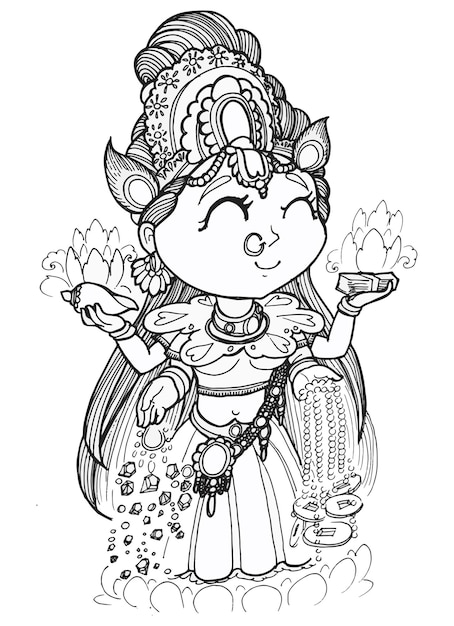 Vector god laksmi, the indian god of love and money. drawing and illustrated by artbyuncle.
