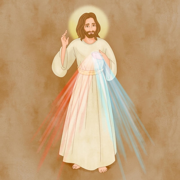 Vector goddelijke barmhartigheid van jezus karakter stralen van licht komen voort uit haar heilig hart