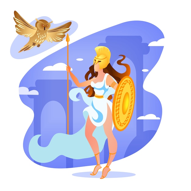 Goddess Athena Holding Spear and Shield in Hands.