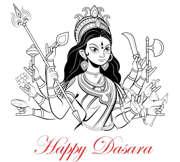 Богиня Дурга, Happy Durga Puja Subh Navratri, векторная иллюстрация индийского фестиваля Happy Dasara