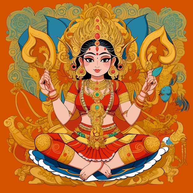 goddess durga india holy tradicional cartoon illustration