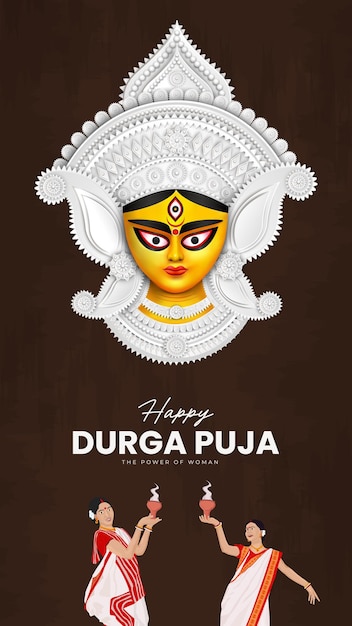 Goddess Maa Durga Face in Happy Durga Puja Dussehra and Navratri Celebration Concept